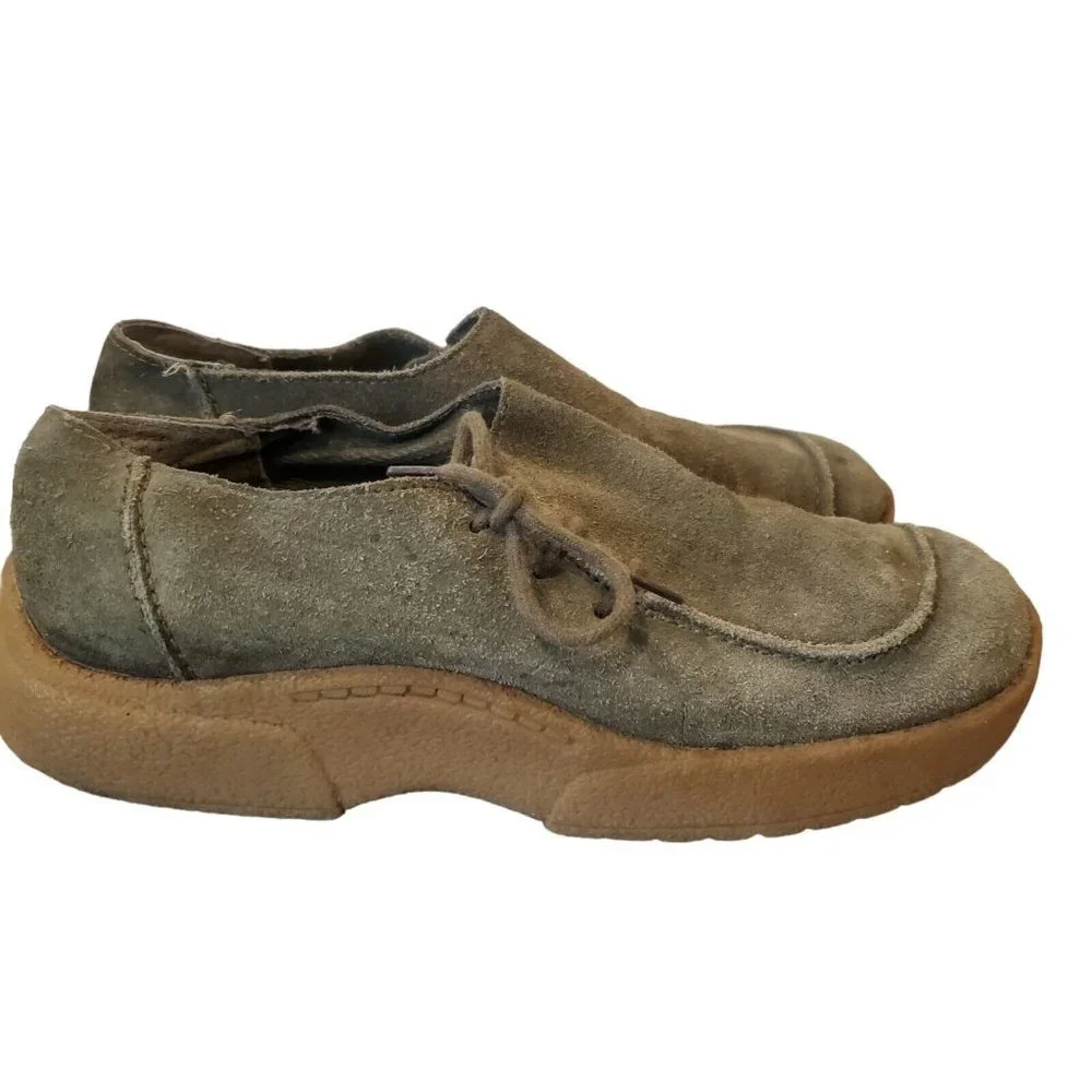 Vintage 90s Chunky Platform Shoes Slipon Suede Army Green Chukka Loafer Sz‎ 8.5